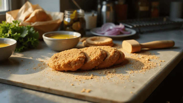 Ultrawide cinematic shot of a rustic kitchen counter featuring a pork tenderloin cutlet being breaded, with organized bowls of seasoned flour, whisked eggs, and crushed saltine crackers, and a backdrop of fresh ingredients in soft focus, all illuminated by dramatic golden hour lighting.