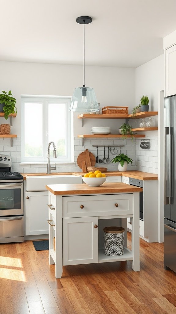 A bright and cozy tiny cottage kitchen featuring a practical kitchen island with a light wood top and white cabinetry.