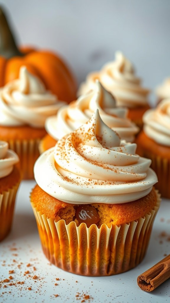 Delicious pumpkin spice cupcakes with cream cheese frosting, perfect for a gender reveal party.