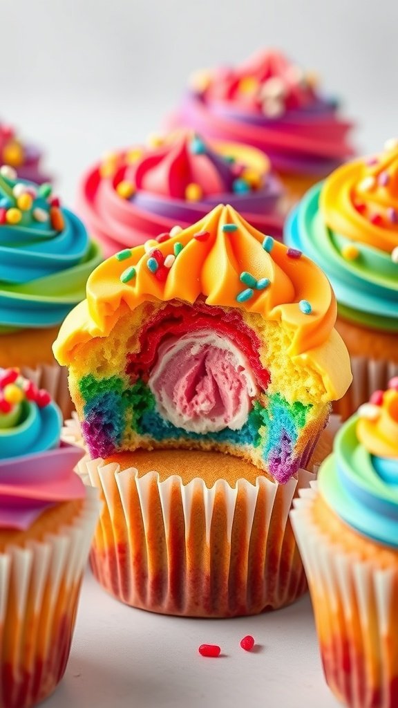 Colorful rainbow cupcakes with vibrant frosting and sprinkles, showcasing a surprise filling.