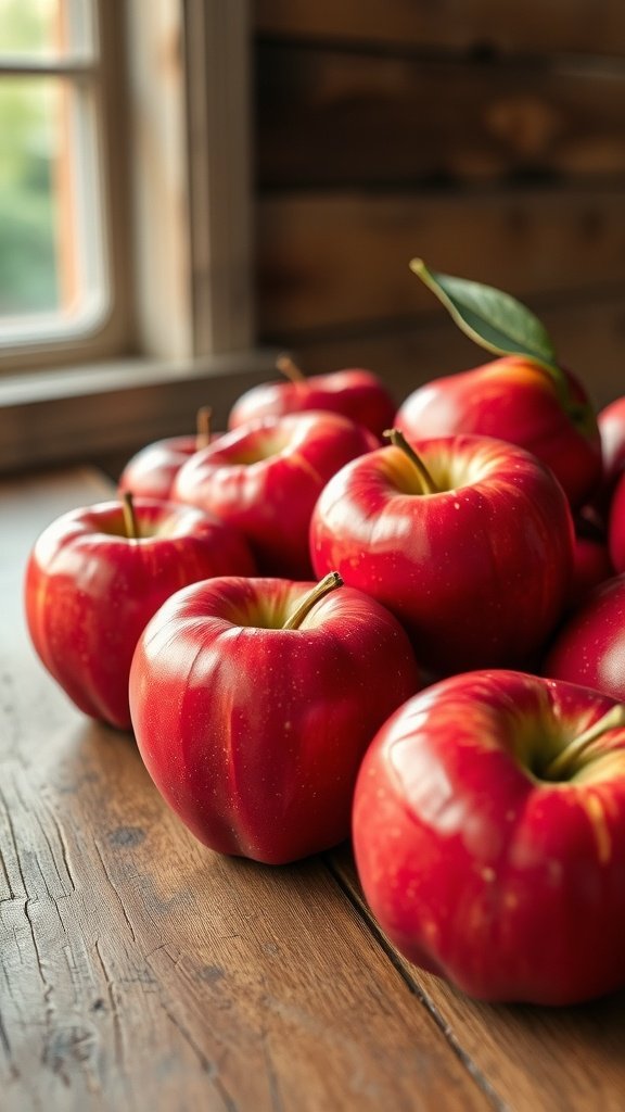 A group of Red Delicious apples on a wooden table with soft lighting
