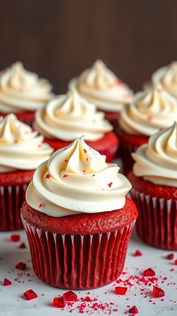 Delicious red velvet cupcakes with cream cheese frosting, perfect for a gender reveal party.