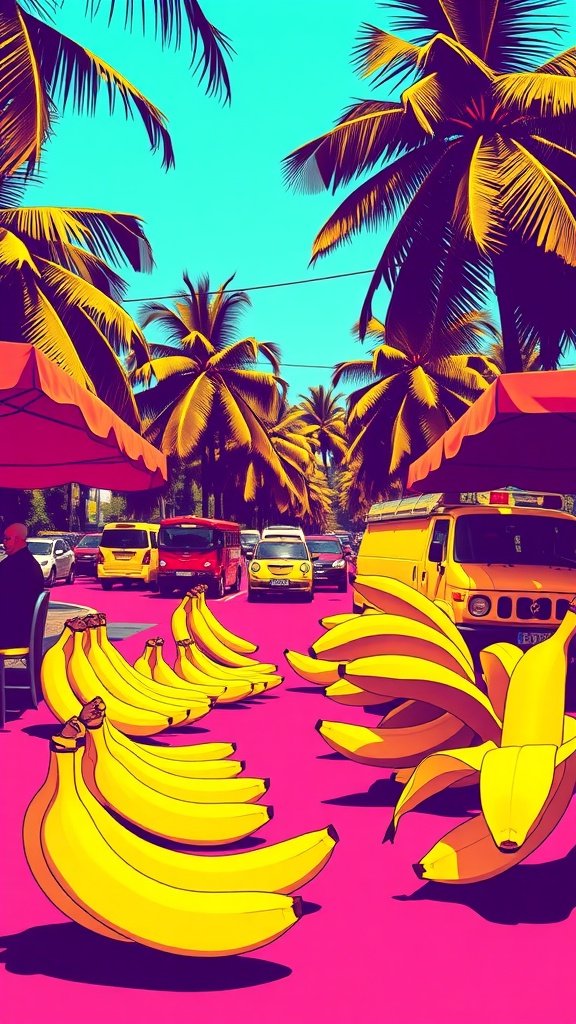 A vibrant street scene featuring oversized bananas and palm trees, with a bright pink road.