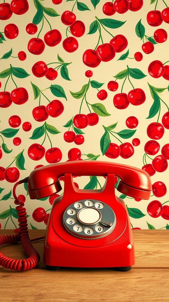 A vintage red rotary phone in front of cherry print wallpaper.