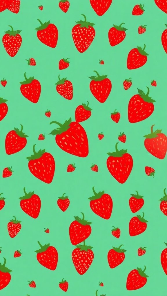 Retro strawberry wallpaper with red strawberries on a green background