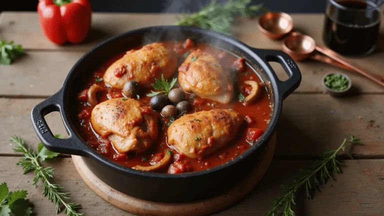 Cinematic overhead shot of a rustic cast-iron Dutch oven filled with golden-brown chicken thighs in rich burgundy tomato sauce, surrounded by fresh ingredients like red bell peppers, cremini mushrooms, kalamata olives, and herbs, with natural lighting highlighting the scene.