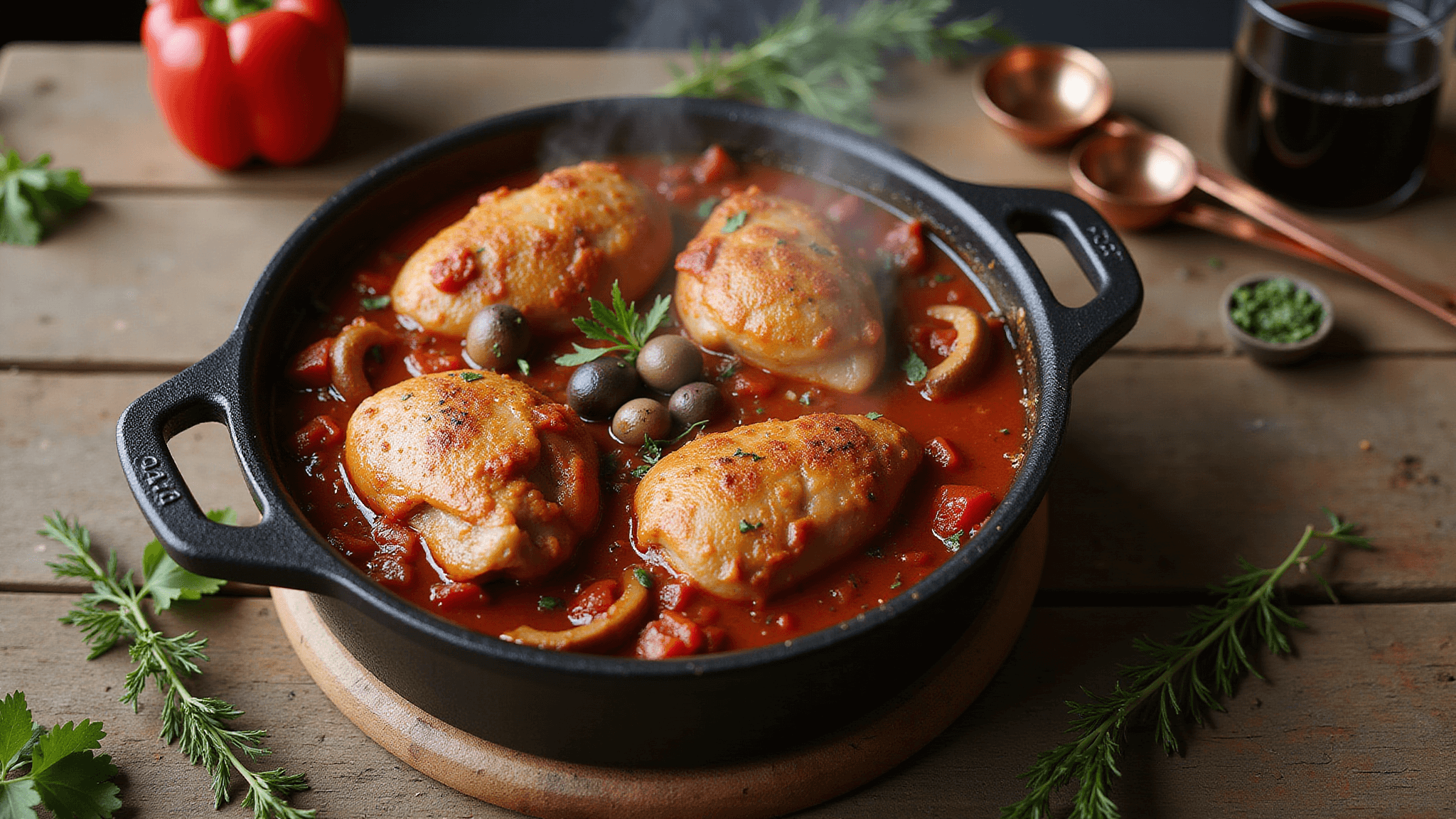 Cinematic overhead shot of a rustic cast-iron Dutch oven filled with golden-brown chicken thighs in rich burgundy tomato sauce, surrounded by fresh ingredients like red bell peppers, cremini mushrooms, kalamata olives, and herbs, with natural lighting highlighting the scene.