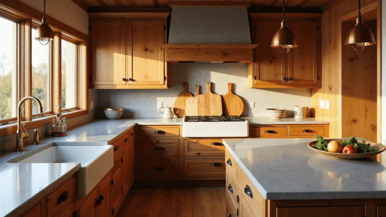 A sun-drenched rustic farmhouse kitchen with reclaimed hickory cabinets, grey-veined quartzite countertops, vintage copper pendant lights, and a white ceramic farmhouse sink, captured during golden hour with warm sunlight illuminating the space.