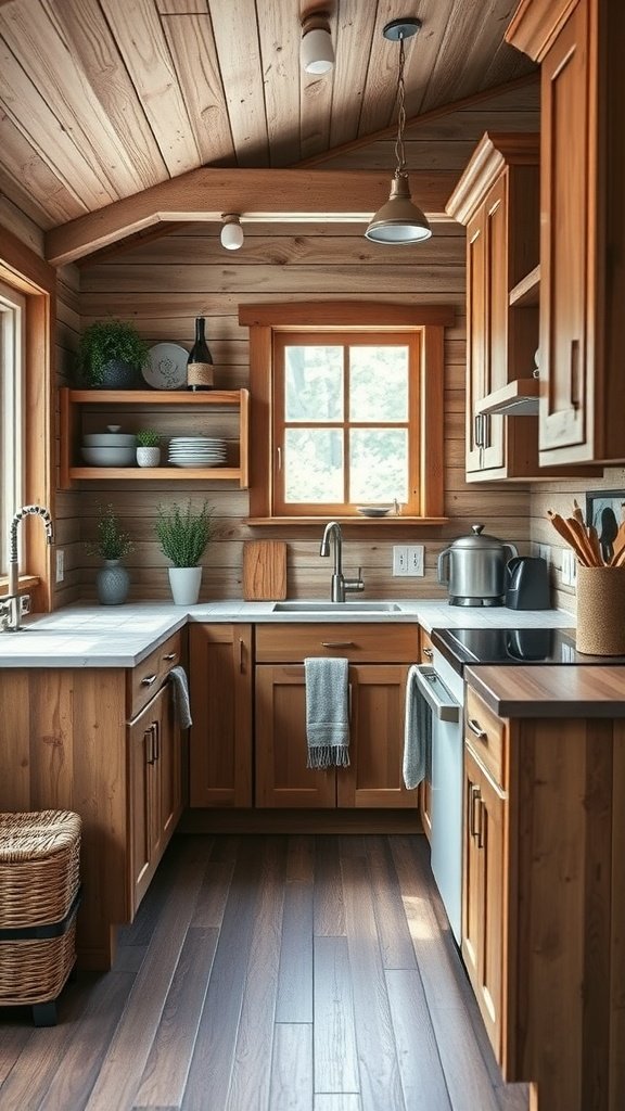 A cozy tiny cottage kitchen featuring wooden cabinets, modern appliances, and natural light.