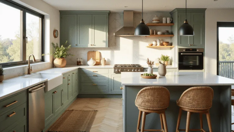 Photorealistic interior of a sunlit modern kitchen featuring sage green shaker cabinets, white quartz waterfall countertops, and brass accents, with woven barstools and a warm white oak herringbone floor, styled with eucalyptus and pottery, captured at golden hour with a focus on cabinet details.