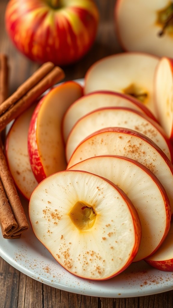 A plate of sliced apples with cinnamon sticks, showcasing vibrant red skin and a warm, inviting atmosphere.