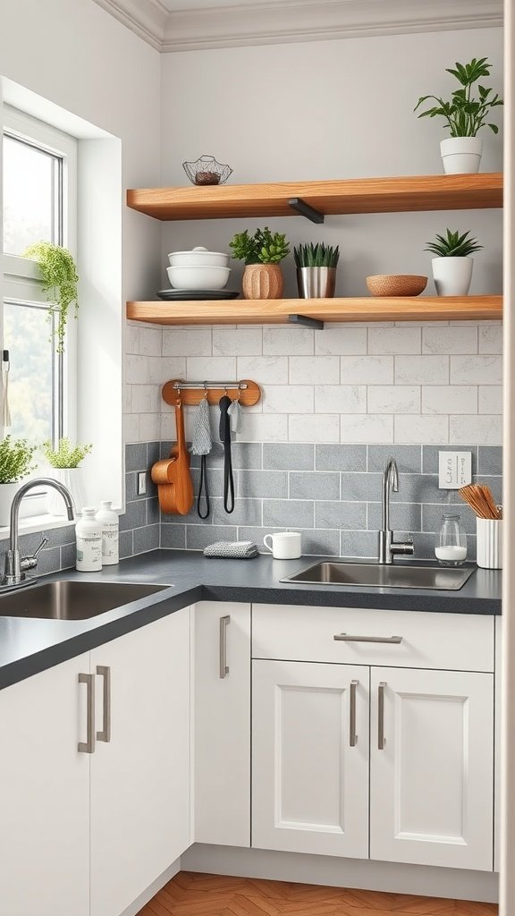 A small kitchen sink area in a cozy cottage kitchen, featuring a modern design with open shelving and plants.