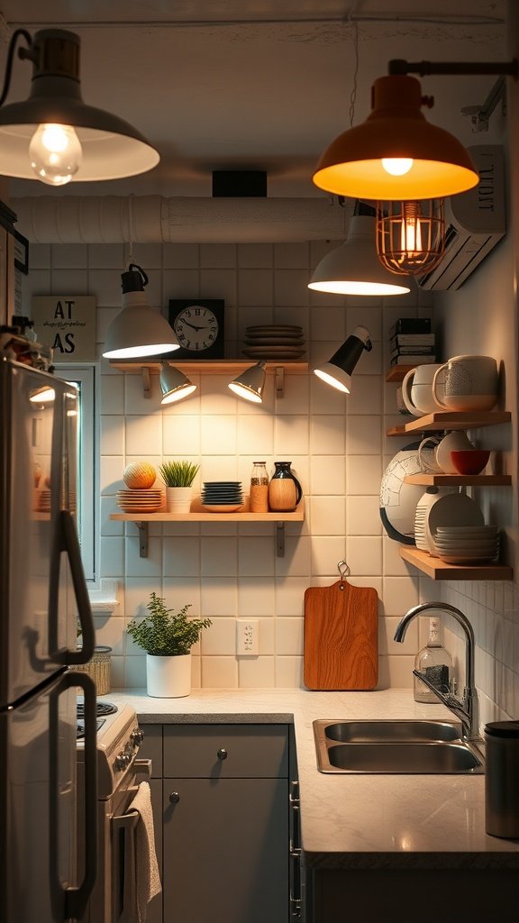 A cozy tiny cottage kitchen featuring various light fixtures, including pendant lights and spotlights, creating a warm atmosphere.