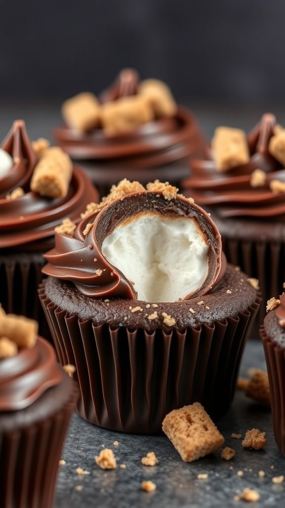 Delicious S'mores Gender Reveal Cupcakes with chocolate frosting and marshmallow filling
