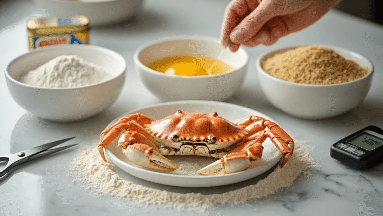 Photorealistic culinary image featuring three white ceramic breading stations on a marble countertop, with a focus on a cleaned soft shell crab being dredged in seasoned flour, surrounded by golden egg wash and breadcrumbs, sharp kitchen shears, and an Old Bay seasoning tin, all captured in soft diffused lighting with a shallow depth of field.