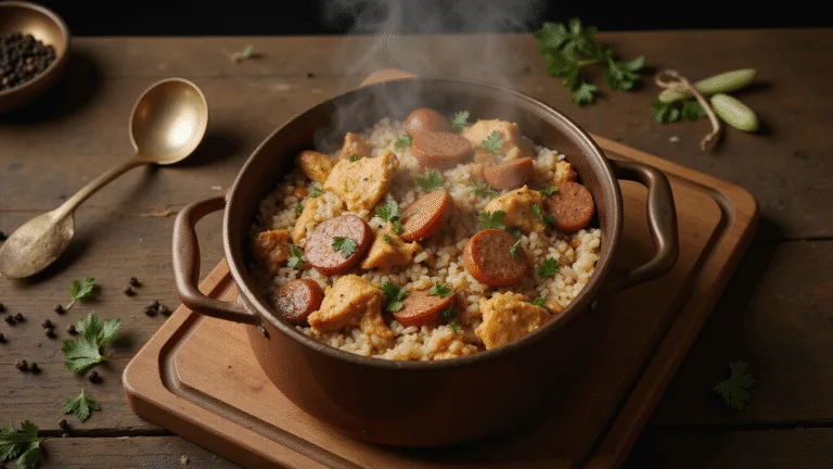 Cinematic overhead shot of a copper Dutch oven filled with Southern Chicken Bog, featuring golden-brown shredded chicken, smoky sausage, and white rice, garnished with parsley, in a rustic farmhouse kitchen with warm lighting and a wooden cutting board.