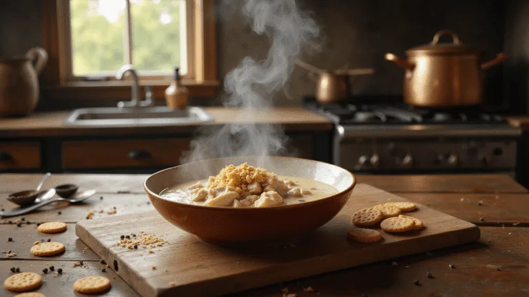 A rustic farmhouse kitchen bathed in late afternoon sunlight, featuring a copper stockpot simmering on a vintage cast-iron stove, with a bowl of creamy chicken mull on a weathered cutting board, garnished with saltine crackers and surrounded by scattered ingredients.