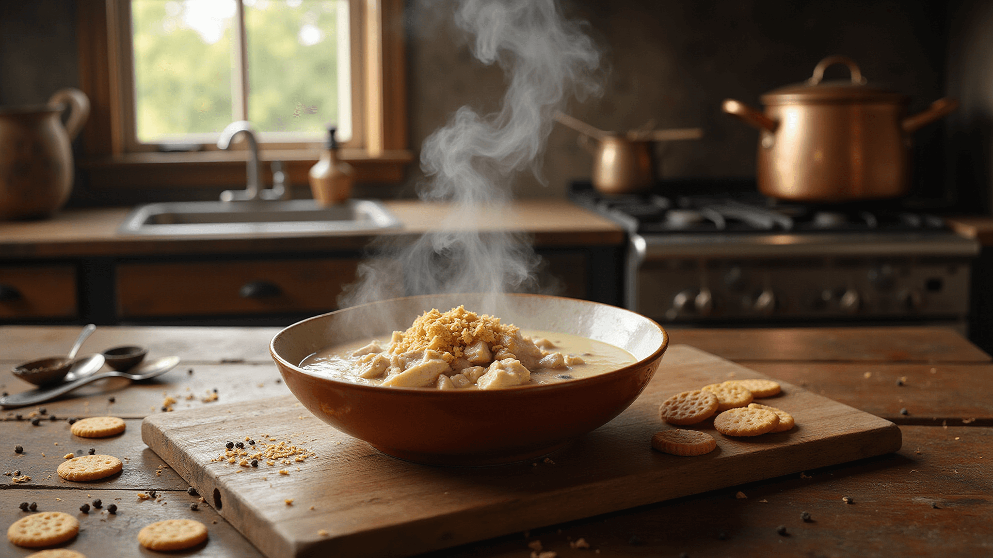 A rustic farmhouse kitchen bathed in late afternoon sunlight, featuring a copper stockpot simmering on a vintage cast-iron stove, with a bowl of creamy chicken mull on a weathered cutting board, garnished with saltine crackers and surrounded by scattered ingredients.