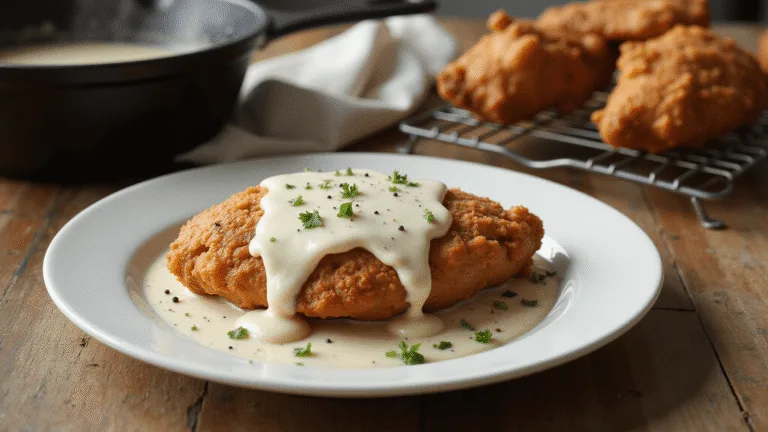 A golden-brown fried chicken breast on a rustic white plate, topped with creamy gravy, garnished with parsley and black pepper, set on a weathered wooden table with additional chicken pieces in the background and a vintage cloth napkin.