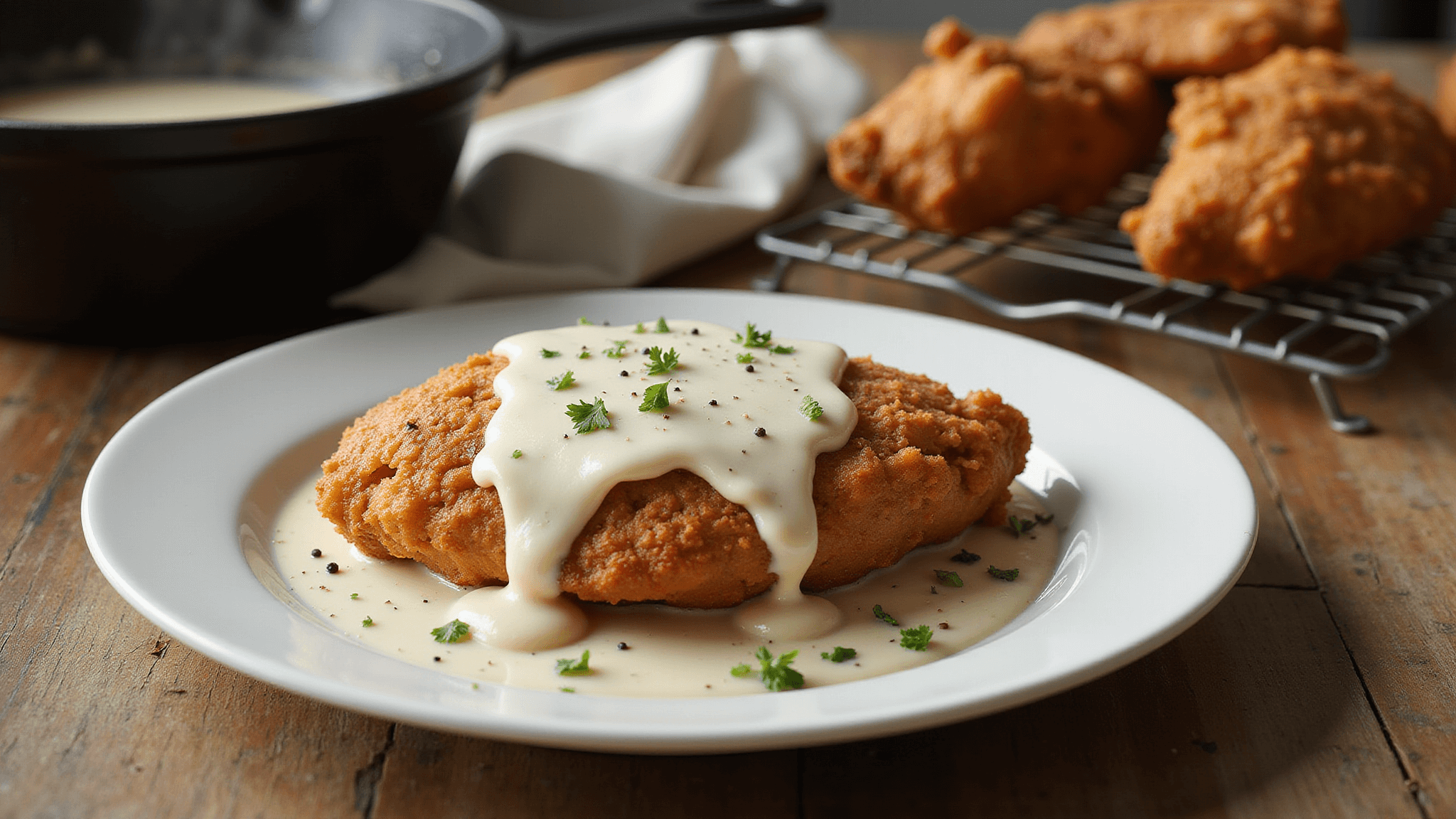 A golden-brown fried chicken breast on a rustic white plate, topped with creamy gravy, garnished with parsley and black pepper, set on a weathered wooden table with additional chicken pieces in the background and a vintage cloth napkin.