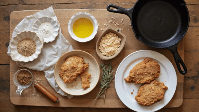 Cinematic overhead view of rustic bowls with flour, egg-buttermilk wash, and breadcrumbs on a wooden butcher block, surrounded by a cast iron skillet, tender pork chops, seasonings, and herbs, illuminated by natural light.