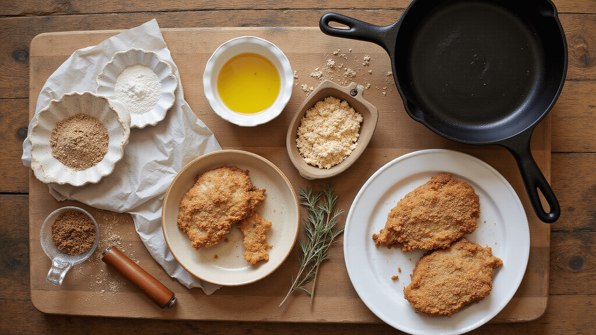Cinematic overhead view of rustic bowls with flour, egg-buttermilk wash, and breadcrumbs on a wooden butcher block, surrounded by a cast iron skillet, tender pork chops, seasonings, and herbs, illuminated by natural light.