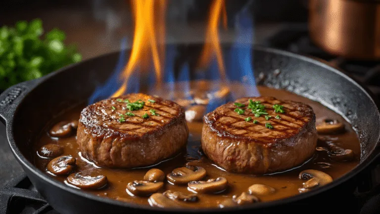 Photorealistic close-up of a cast iron skillet featuring two seared beef tenderloin medallions in a glossy mushroom cognac sauce, with blue-orange flames from flambé, illuminated golden-brown cremini mushrooms, shallots, and fresh herbs, set in a dramatic dark kitchen backdrop with copper cookware.