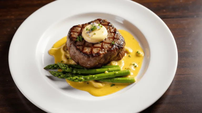 Photorealistic overhead shot of a medium-rare filet mignon topped with crab meat, asparagus spears, and béarnaise sauce on a white plate, with micro tarragon and edible flowers, against a dark wood table, showcasing rich textures and warm lighting.