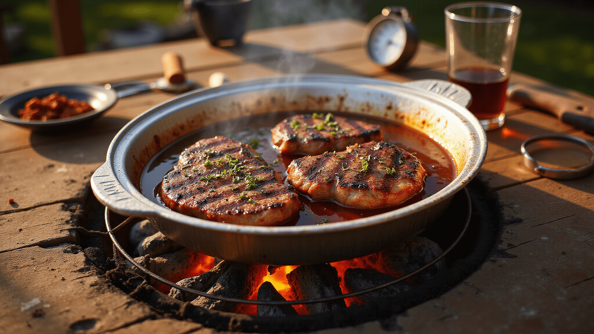 Photorealistic backyard BBQ scene at golden hour featuring marbled pork shoulder steaks on a charcoal grill, with flames visible and steaks simmering in an aluminum pan containing amber beer and barbecue sauce. Close-up detail highlights dark grill marks and a caramelized exterior, with rich mahogany-colored sauce bubbling and garnished with fresh herbs. Warm lighting enhances the meat's texture, set against a weathered wooden table scattered with spices and grilling tools, all enveloped in atmospheric smoke.