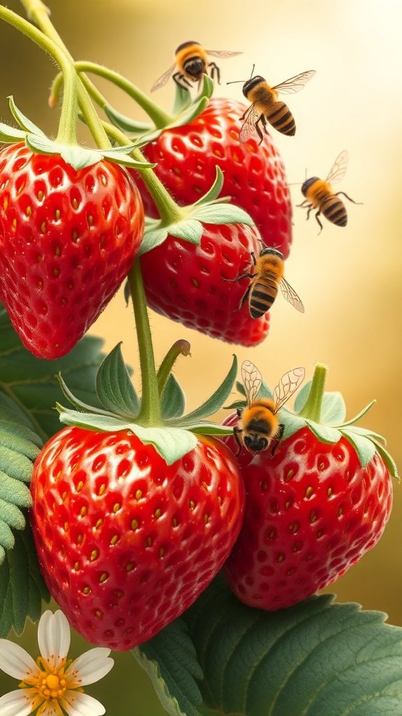A close-up of ripe strawberries with bees buzzing around them.