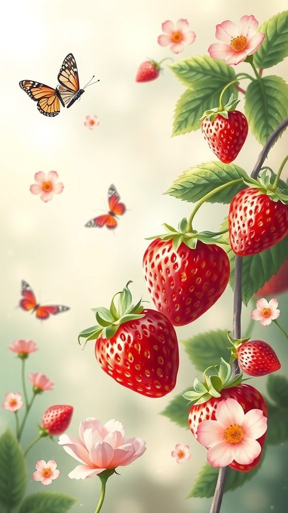 A vibrant illustration of strawberries and butterflies, featuring red strawberries, pink flowers, and butterflies in a soft background.