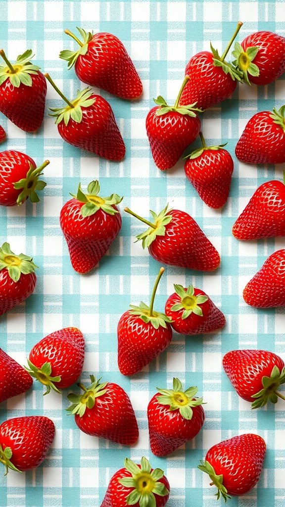 A vibrant arrangement of strawberries on a blue checkered background.