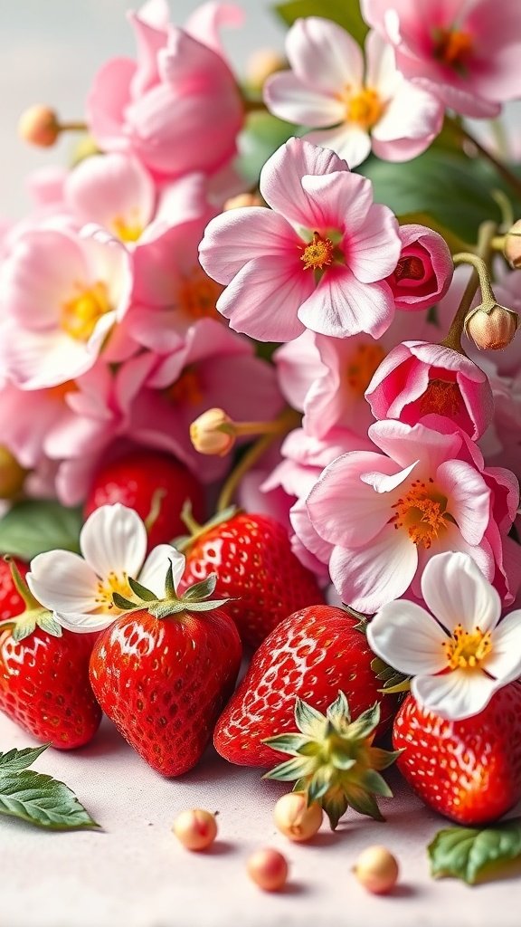 A vibrant arrangement of strawberries and pink blossoms.