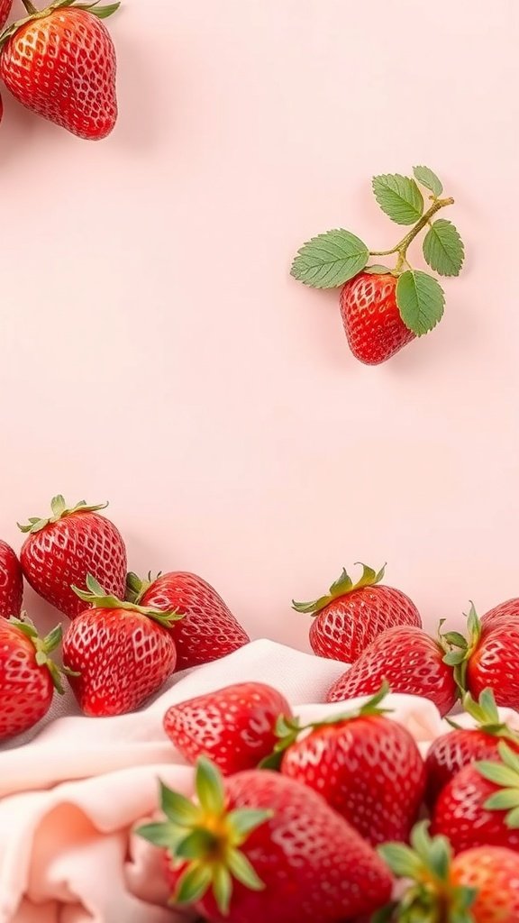 A collection of fresh strawberries on a soft pink background, showcasing a vibrant and cheerful color palette.