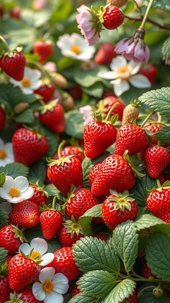 A close-up of ripe strawberries and white flowers, showcasing a vibrant and fresh design.