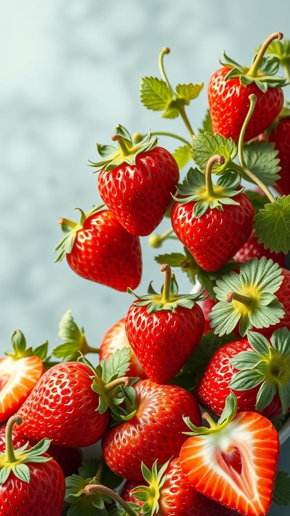 A vibrant display of fresh strawberries, some whole and some sliced, showcasing their juicy red insides.