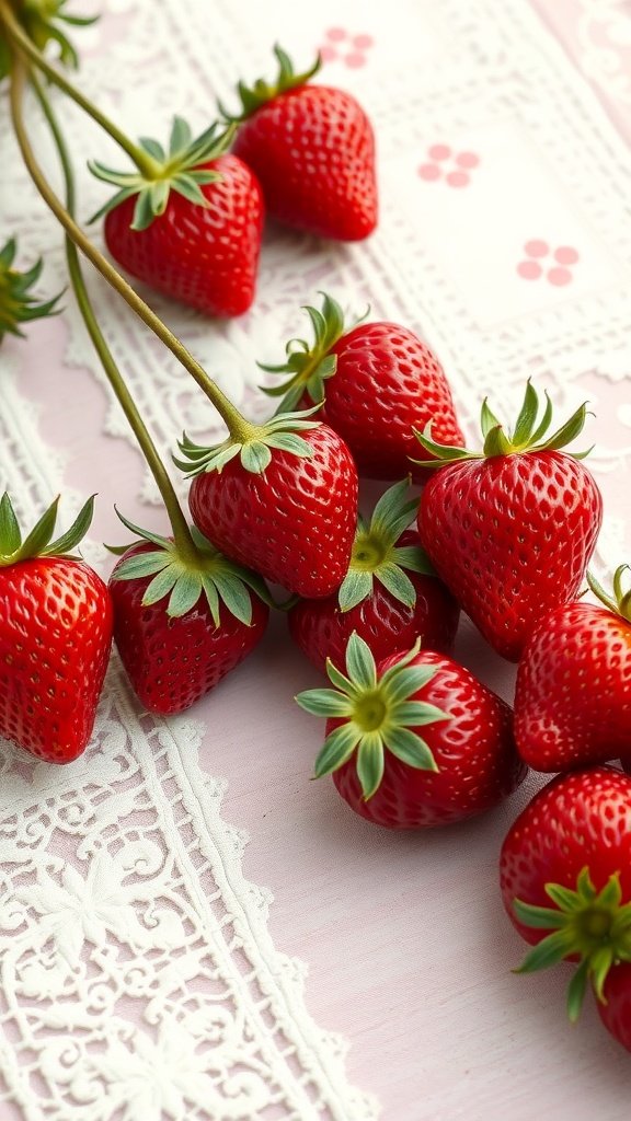 A collection of fresh strawberries on a pink lace background.