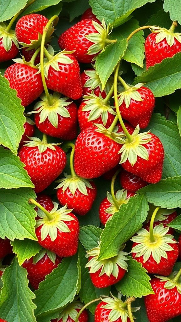A close-up view of fresh strawberries with green leaves