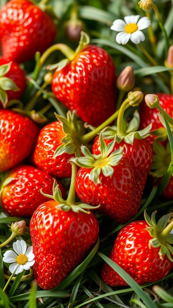 Fresh strawberries surrounded by green grass and small white flowers.