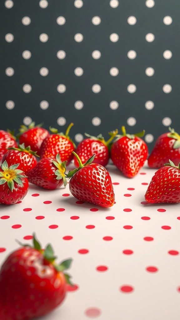 An arrangement of fresh strawberries on a polka dot background