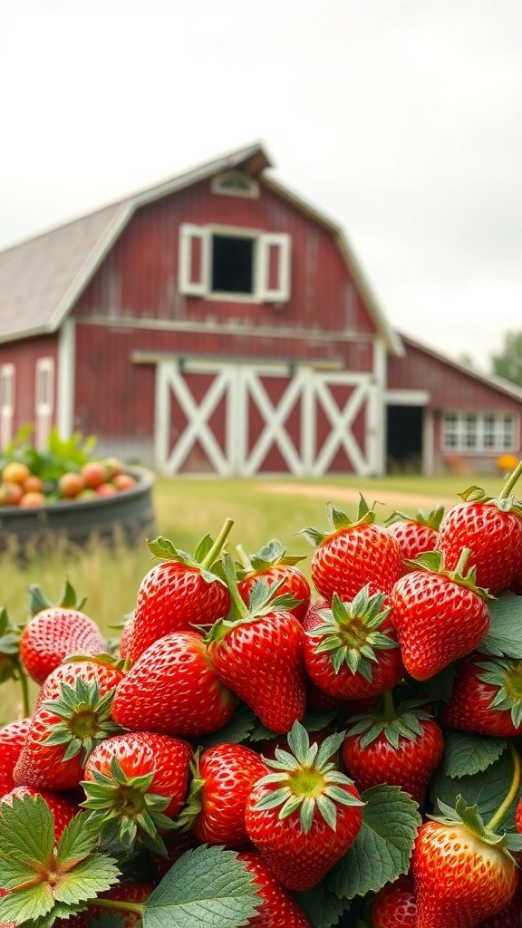 A close-up of fresh strawberries with a rustic red barn in the background.