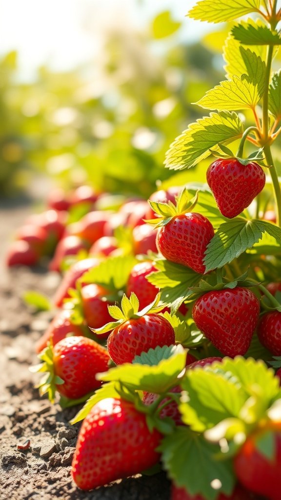 A close-up of ripe strawberries growing in a sunlit field, surrounded by green leaves.