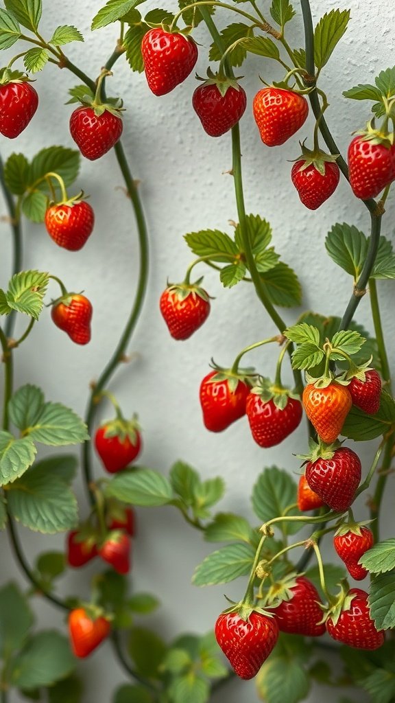 Strawberry wallpaper featuring red strawberries and green vines on a white background.