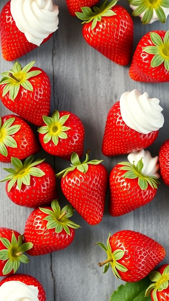 A close-up of fresh strawberries topped with whipped cream on a wooden surface.