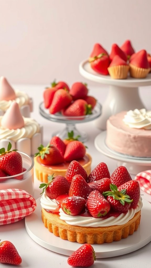 A variety of strawberry desserts including cakes and tarts, beautifully arranged with fresh strawberries on top.