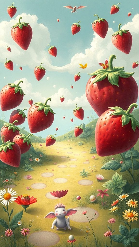 A whimsical landscape filled with oversized strawberries, colorful flowers, and a small creature with wings, creating a magical atmosphere.