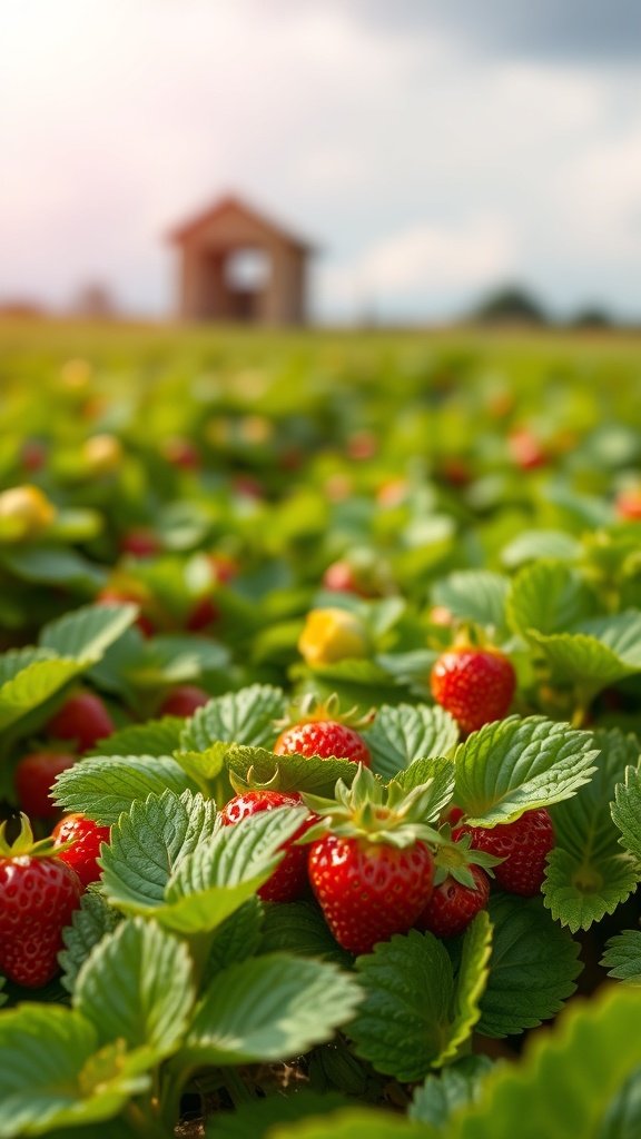 A field of ripe strawberries with green leaves and a rustic shed in the background