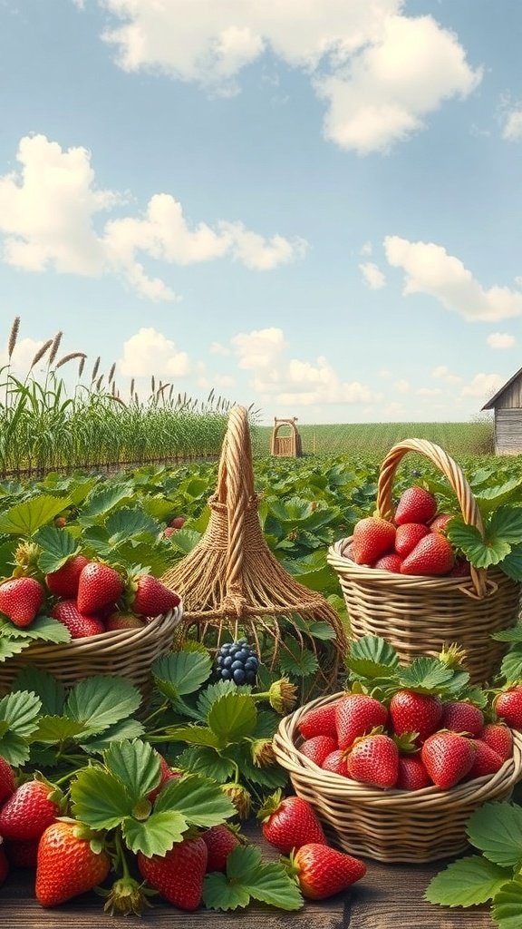 A vibrant strawberry field with baskets of strawberries and a clear blue sky.