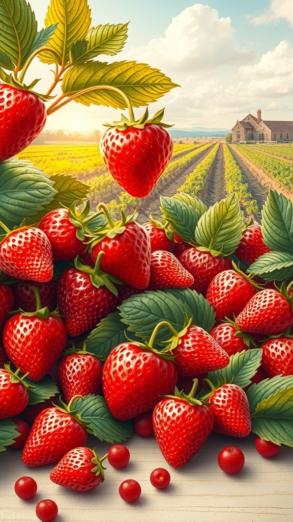 A vibrant mural featuring ripe strawberries, lush green leaves, and a scenic background with a farmhouse and strawberry fields.
