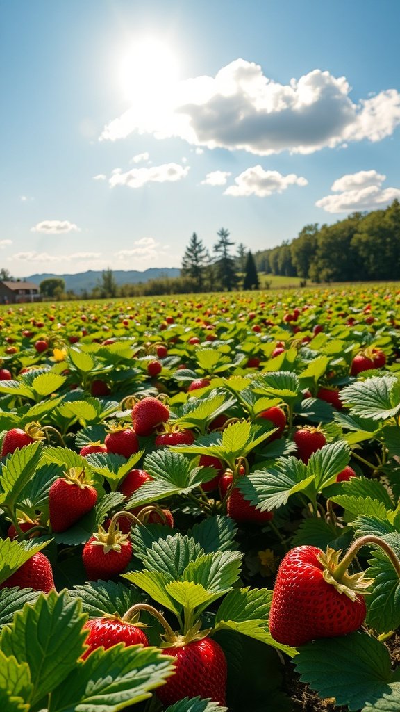 A sunny strawberry patch with ripe strawberries and green leaves under a bright sky.